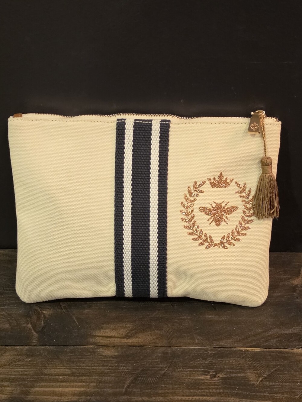 :👑 Queen Bee Embroidered Canvas Makeup Bag Pouch Makeup Stripes Boho